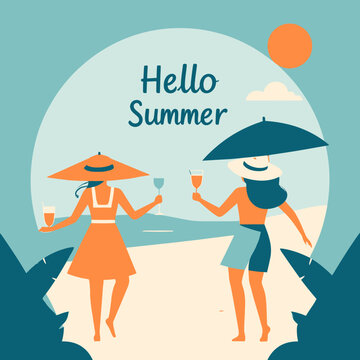 Dos mujeres brindando en la playa con saludo de verano y ambiente tropical