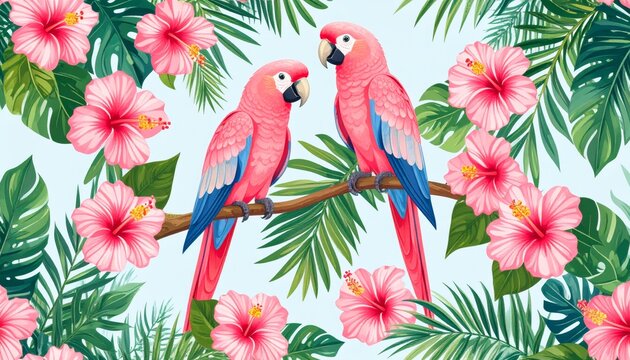 Colorful vector illustration of a cute tropical parrot and macaw perched on a jungle tree branch with summer flowers and green leaves in a seamless nature pattern design