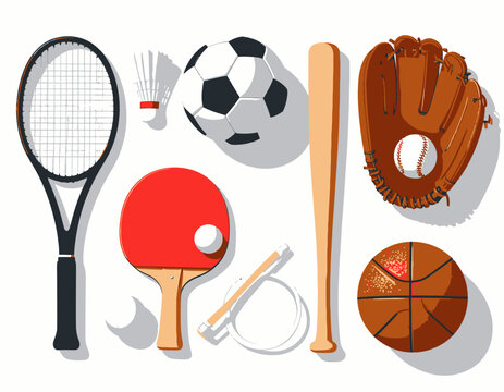 Colecci&oacute;n de equipos deportivos que incluye raqueta, pelotas y bates