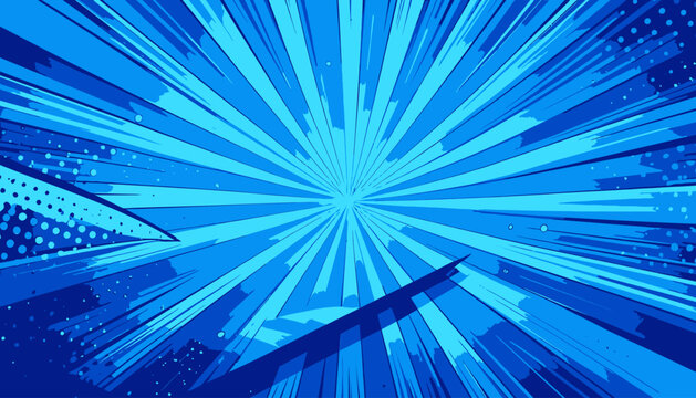 Fondo de explosi&oacute;n de c&oacute;mic azul con l&iacute;neas radiales y patr&oacute;n de medios tonos