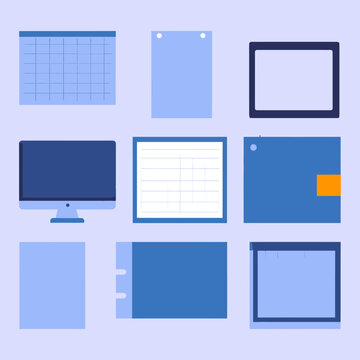 Elementos de interfaz digital azul con calendario, bloc de notas y pantalla de ordenador