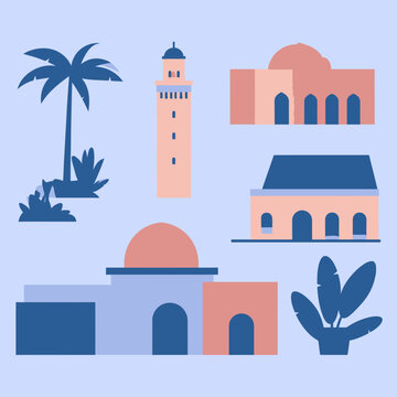 Ilustraci&oacute;n abstracta de arquitectura del desierto con palmeras y edificios abovedados