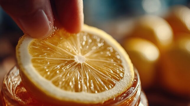 Close-up of fingers pressing a lemon wedge onto a reamer with bottled juice visible in the background