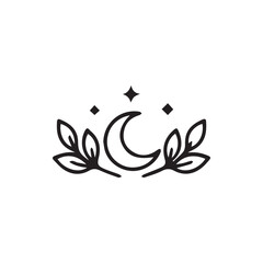 Ethereal Celestial Moon and Botanical Leaf Design with Sparkling Stars Vector Art © Syahputra
