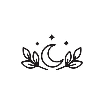 Ethereal Celestial Moon and Botanical Leaf Design with Sparkling Stars Vector Art