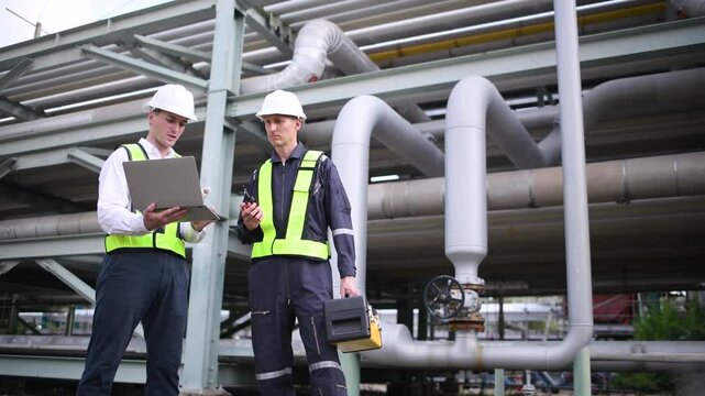 Engineer survey team wear uniform and helmet stand workplace checking project ,radio communication and engineer box inspection work construction site with pipe oil and gas background.
