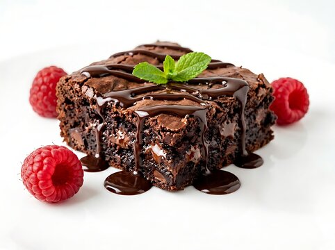 Chocolate brownie with chocolate sauce and raspberries and mint leaf on white background