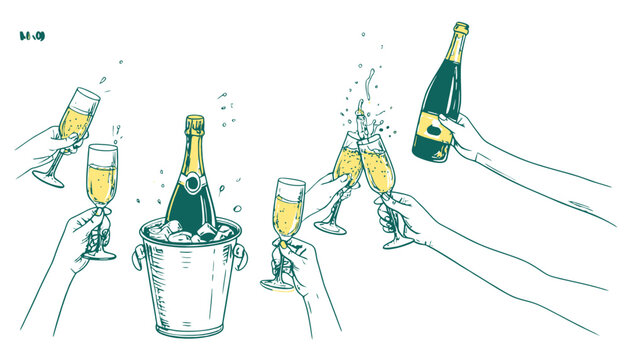 Mani che brindano con champagne, celebrazione e festa, illustrazione stilizzata.