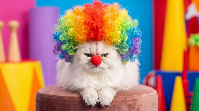 Adorable white cat dressed as a grumpy clown with a colorful rainbow wig and a funny red nose.
