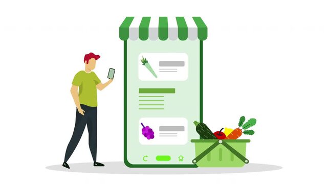 4K animated of man using his smartphone to order fresh vegetable and fruit on online groceries shop. Web orders and sales of new organic harvest delicious products from farms.