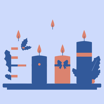 Candele dell'Avvento stilizzate con decorazioni natalizie su sfondo blu