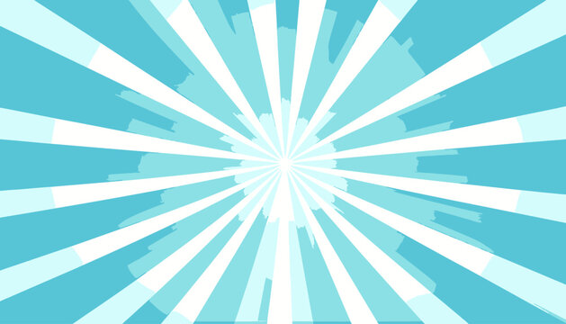 Sfondo astratto e vibrante con raggi di luce blu chiaro e bianco che esplodono dal centro, ideale per annunci e design moderno.