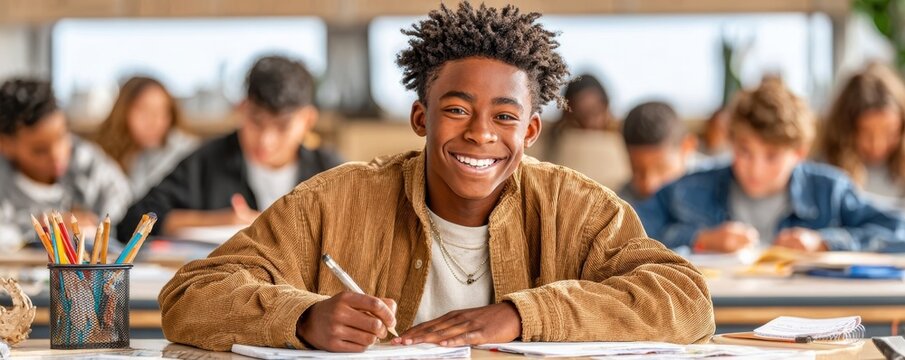 Smiling Black teenage student writing at his desk in a busy classroom full of classmates