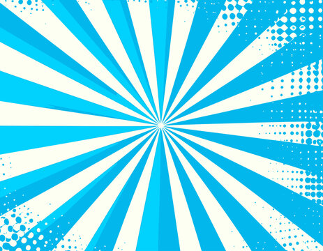 Sfondo astratto in stile pop art con raggi blu a raggiera che si irradiano dal centro e texture a mezzatinta.