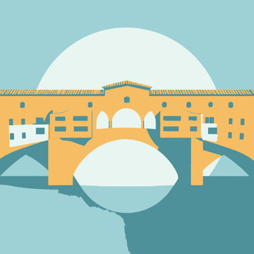 Illustrazione stilizzata del Ponte Vecchio di Firenze con il fiume Arno e un grande sole sullo sfondo