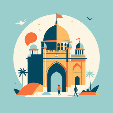 Illustrazione stilizzata di un edificio storico con cupola, archi e persone che camminano, in stile piatto.