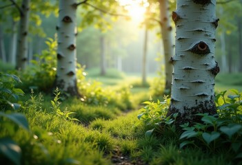 Obraz premium Birch Trees Forest Distinctive White Bark Vertical View Sunlight Shadows Tranquil Environment