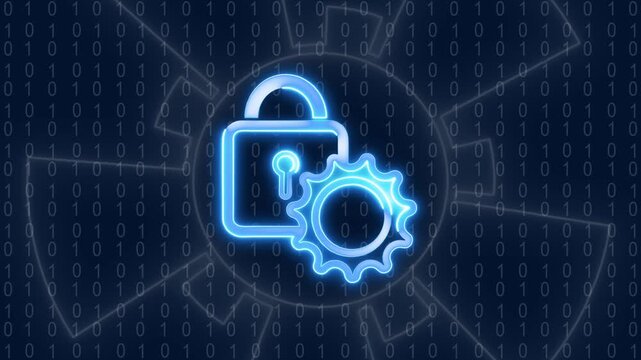 Neon padlock and gear icon for data protection. Neon padlock and gear icon tech. Neon padlock and gear icon for cybersecurity and digital system settings.