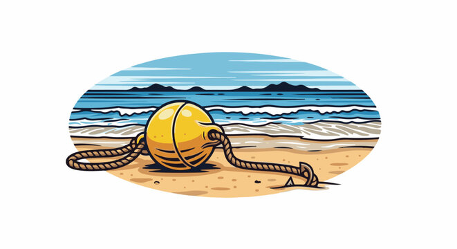 Yellow buoy with rope and anchor on a sandy beach with ocean and distant islands