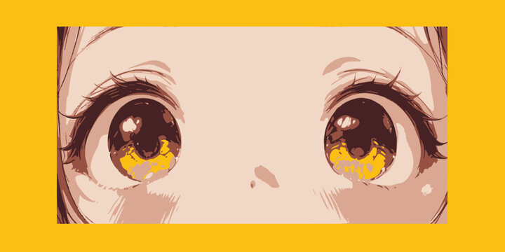 光沢のある琥珀色の瞳の反射を持つ、驚いて目を見開いたアニメ風の顔のクローズアップフラットベクター