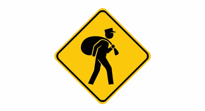 Yellow diamond sign with black silhouette of a person carrying a sack over their shoulder