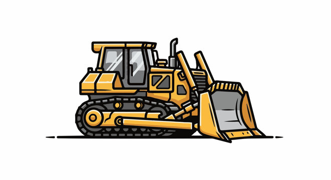 Yellow bulldozer with black tracks and a large metal scoop for pushing earth