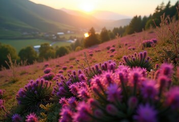 Obraz premium Heather Heath Evergreen Shrubs in Vibrant Spring Hillside Flora Growth