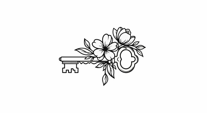 Vintage key adorned with blooming flowers and leaves in a detailed line art style