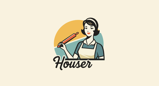 Vintage-style illustration of a woman in an apron holding a rolling pin