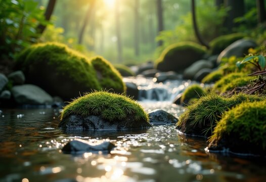 Moss Coated Rocks in Murky Stream Under Canopy of Lush Forest, Soft Humidity Delighting the Senses, Cradle of Tranquility