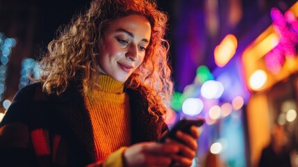 Fototapeta premium Contactless payment moment: a woman taps her phone under colorful urban lights at night