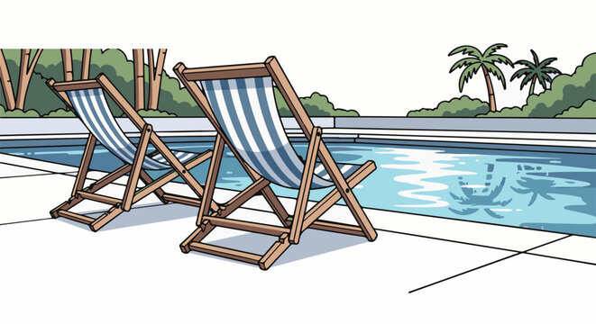 Two striped lounge chairs rest beside a sparkling blue swimming pool
