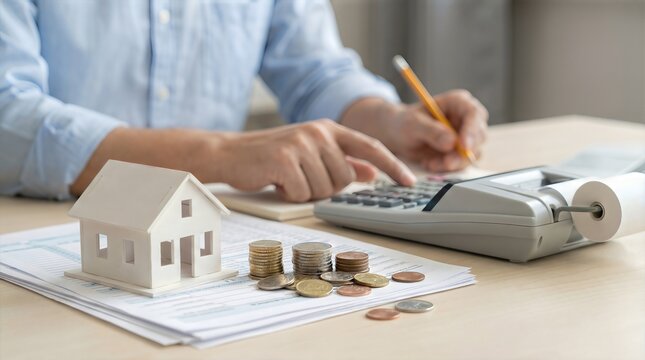 Person calculating rent payments with a calculator, stacks of coins, and a small house model on financial documents on a wooden desk in a bright indoor setting