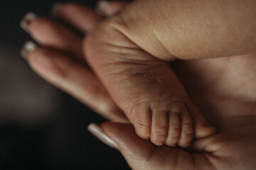 Fototapeta premium Mother holding newborn baby foot in hands, tender moment, close-up detail of tiny toes