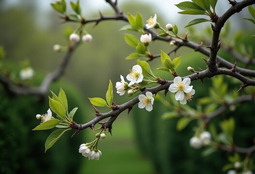 Thorny Hawthorn Tree Branches in Bloom With White Flowers Natural Hedge Landscape
