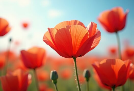 Three-Dimensional Poppy Red Papery Petals Dancing in the Field Breeze Under a Bright Blue Sky