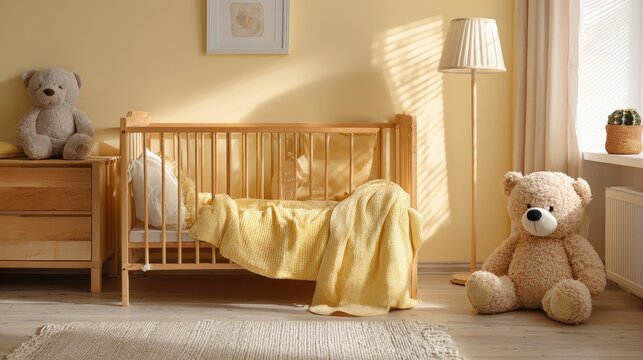 Cozy baby cot with yellow blanket between low dresser, teddy bear, and warm lamp in a sunlit nursery