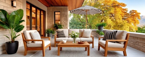 Obraz premium Cozy outdoor patio with wooden seating, cushions and umbrella overlooking autumn trees and mountain view