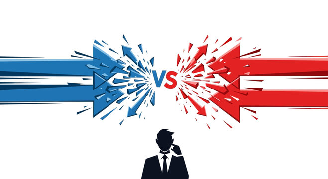 Conflict illustration blue and red arrows collide with silhouette