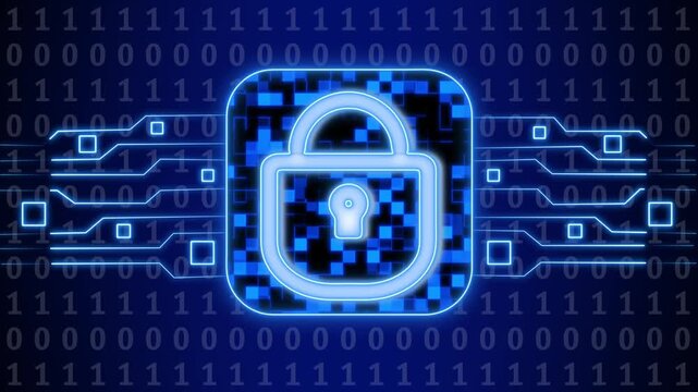 Padlock icon over binary code and circuit lines. Padlock icon over binary code for data. Padlock icon over binary code for digital privacy protection themes.