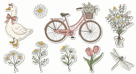 Fototapeta premium Whimsical illustration of a goose, bicycle, flowers, and dragonfly