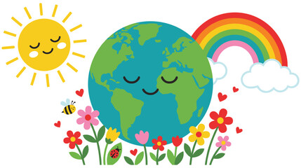 Naklejka premium Earth character with sun rainbow and spring flowers in flat art style.