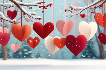 Fototapeta premium Valentine's Day hanging heart decorations in snowy winter scene with red and pink hearts
