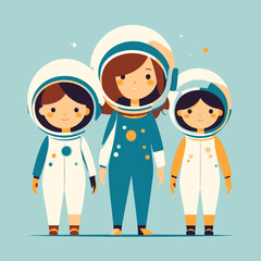 Trzy uśmiechnięte dziewczynki w skafandrach kosmicznych jako młode astronautki