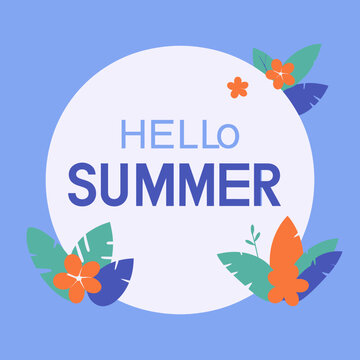 Powitanie Hello Summer w białym kole z tropikalnymi liśćmi i pomarańczowym hibiskusem flat illustration