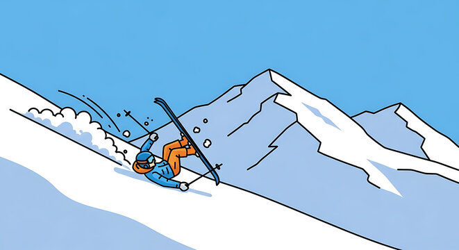 Skier falling down a steep mountain slope amidst snow spray, winter sports accident, danger on the piste