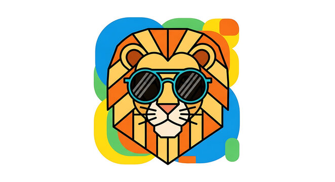 Stylized pixel art lion head wearing sunglasses, with colorful abstract circles in the background, conveying a cool and playful vibe.