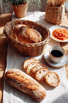 A dining table is set for breakfast. A basket holds fresh bread, and a plate features jam. A cup of coffee sits nearby, inviting people to enjoy the meal together