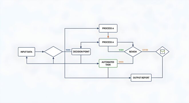 Flowchart illustrating a business process with decision points, automated tasks, and output reports