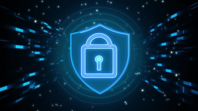 Glowing blue padlock on shield icon in digital tunnel, symbolizing cybersecurity, data protection, encryption, and secure network access with futuristic tech background.
